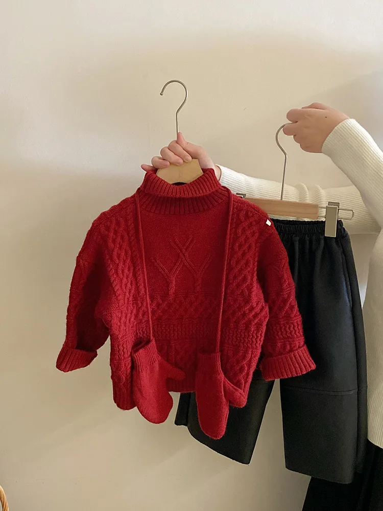 

Girls Sweet Red Turtleneck Cable Sweater+Gloves Autumn Winter New Fleece Lined Warm Leather Pants Set Trendy
