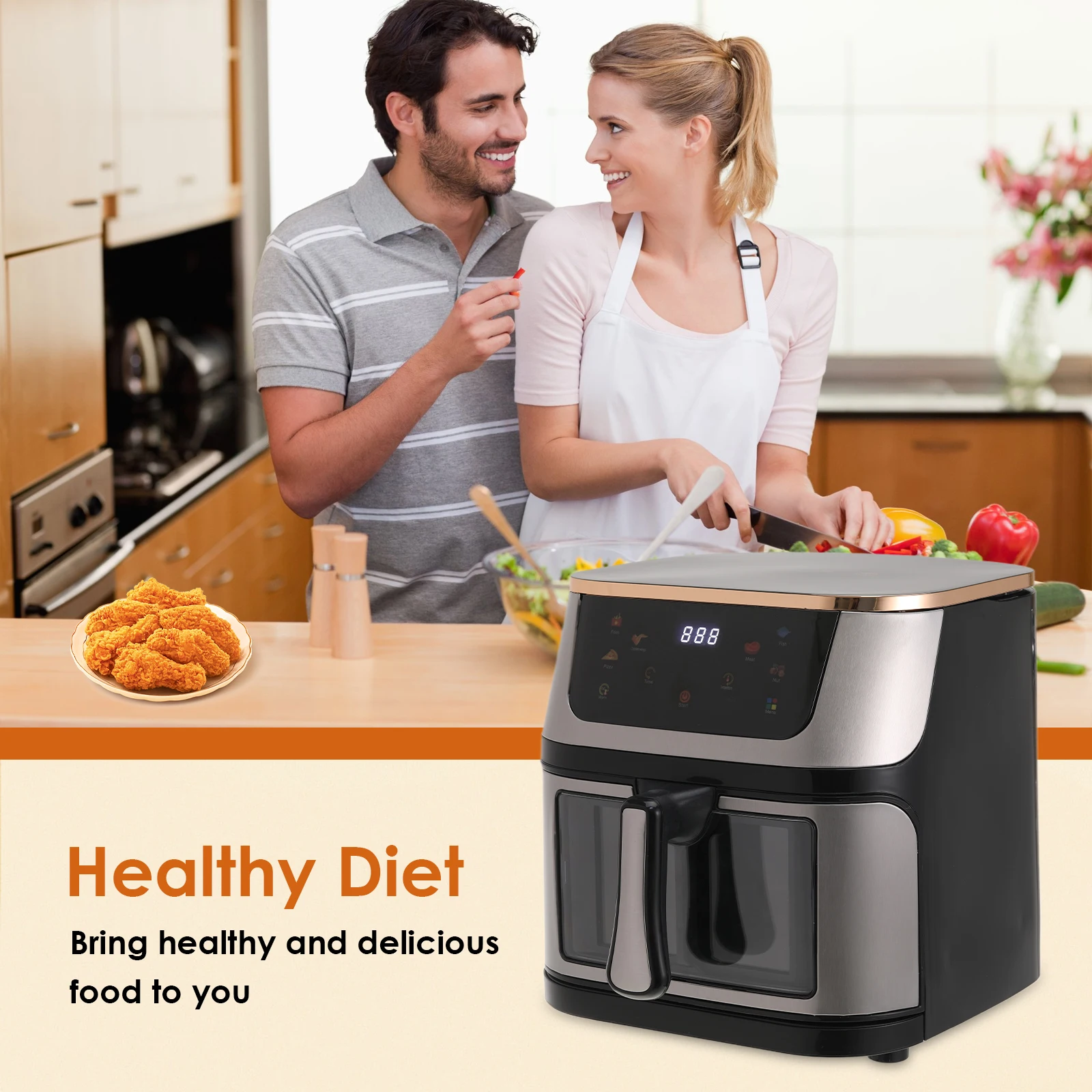 Smart Touch Air Fryer Stainless Steel Visible Large Capacity Electric Oven Touch Screen Multifunctional Electric Fryer EU Plug