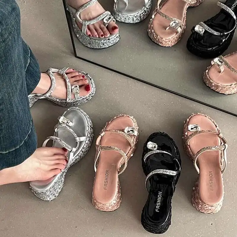 

Women's Wedge Sandals Thick-soled Flip-flops Shiny Sequined Ladeis High Heels Rhinestone Outdoors Sandals Slippers