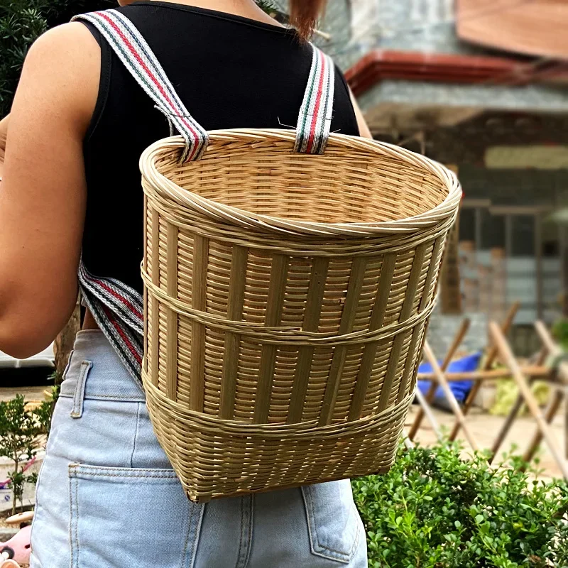 

Large Capacity Double Shoulder Bamboo Basket Portable Outdoor Picnic Basket Tea Picking Baskets Dance Props Organization Basket