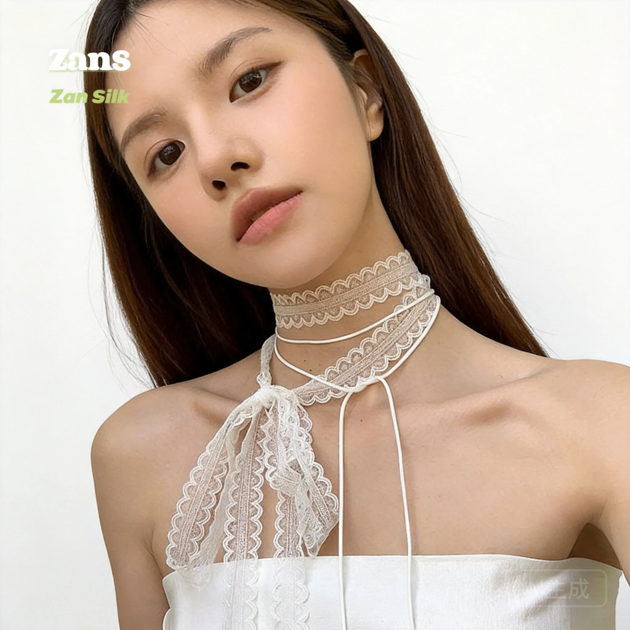 

Chinese Style Lucky Auspicious White Thin Narrow Lace Layered Choker Necklace For Women Adjustable Long Ribbon Self Tie Elegant