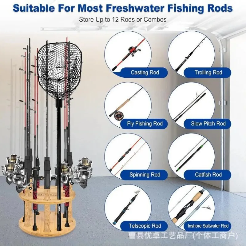 Round Solid Wood Fishing Rod Storage Rack Display Stand Rotating Multi-Pole Holder for Angling Equipment
