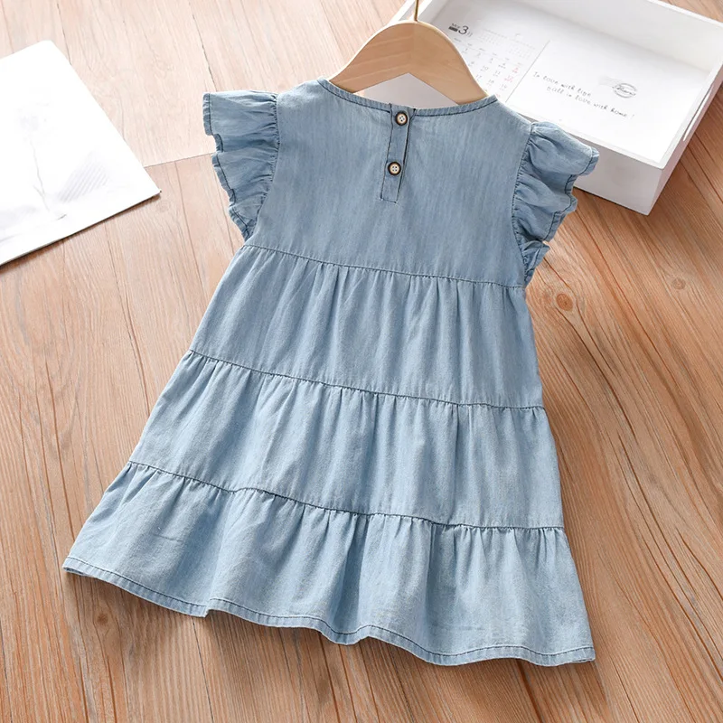 Little maven 2024 Baby Girls Summer Flounce Denim Dresses Children Casual Clothes Cotton Soft Comfort Birthday Kids Vestidos