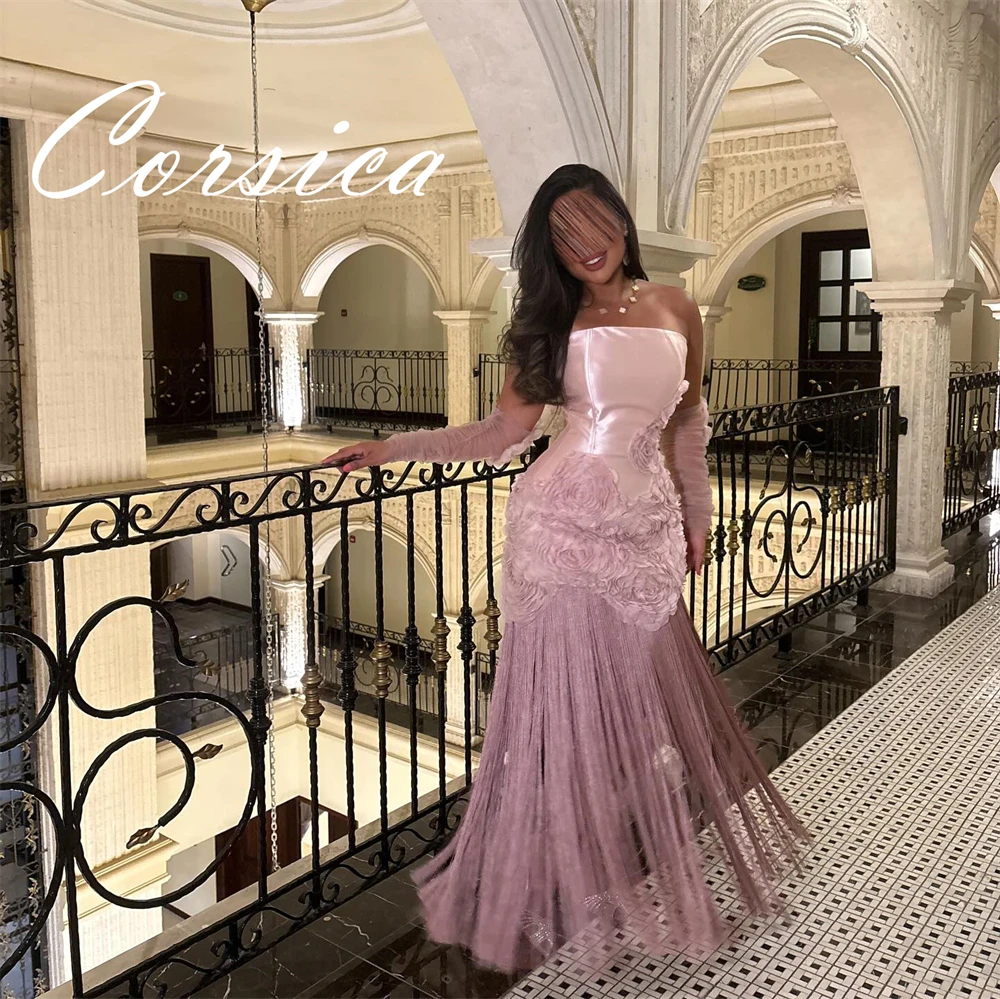 Sukienka wieczorowa z różowego satyny na zamówienie, klasyczna bez ramiączek, bez rękawów, sukienka na powrót do domu, luksusowa sukienka na studniówkę z kwiatami i frędzlami.