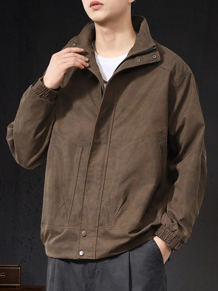 

2025 New Men's Brown Stand Collar Jaet Outerwear Motorcycle Workwear Top Faion Urban Loose Fit Anti-Wrinkle Polyester Nyl...