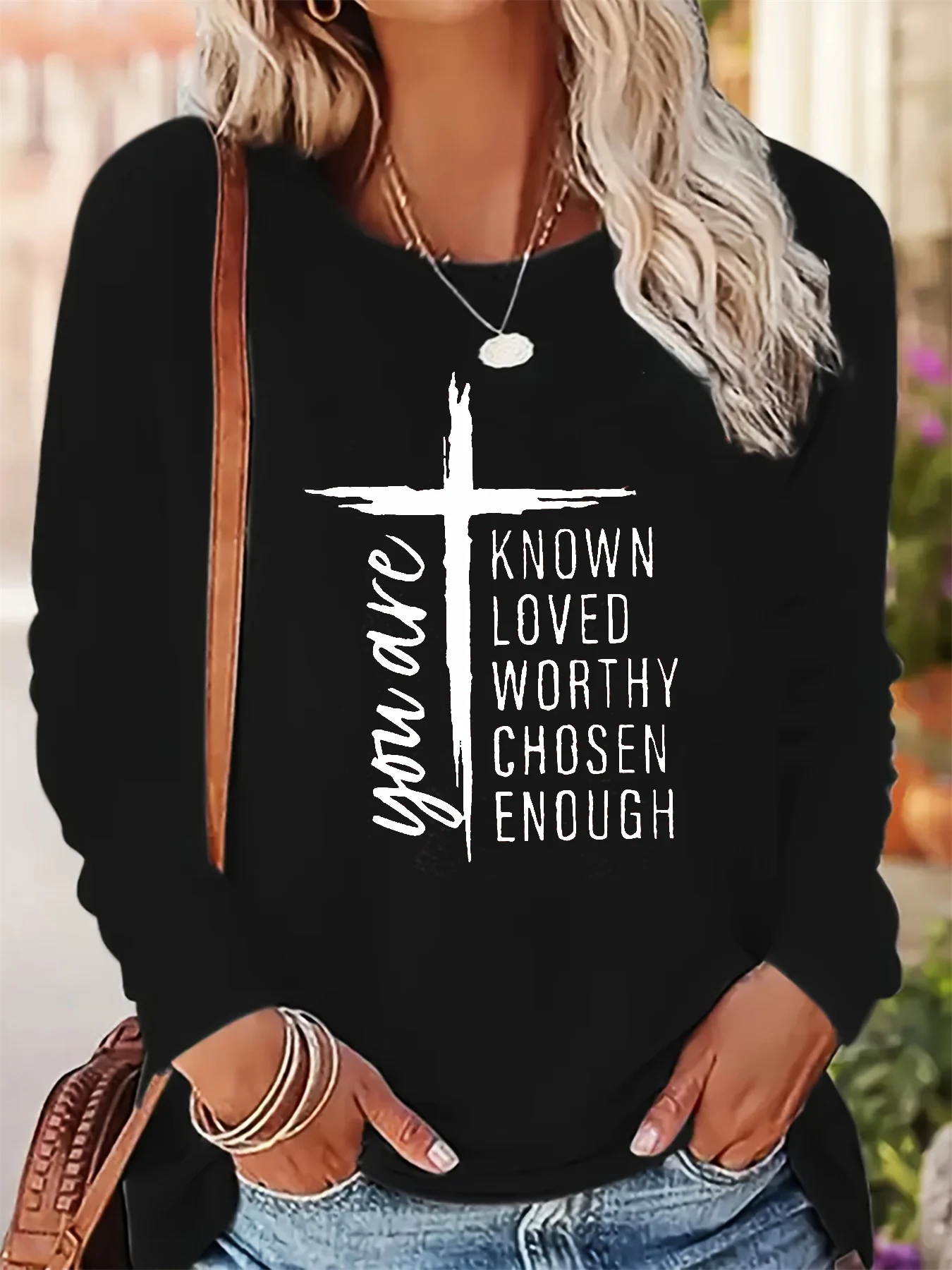 

Women's autumn and winter 100% pure cotton casual loose inspirational text and cross pattern round neck long sleeved T-shirt top
