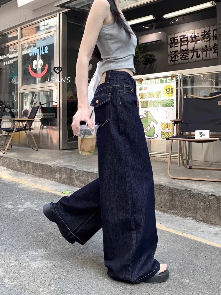 

American style retro design wide leg jeans summer loose and versatile hanging feel and floor length women's trendy pants