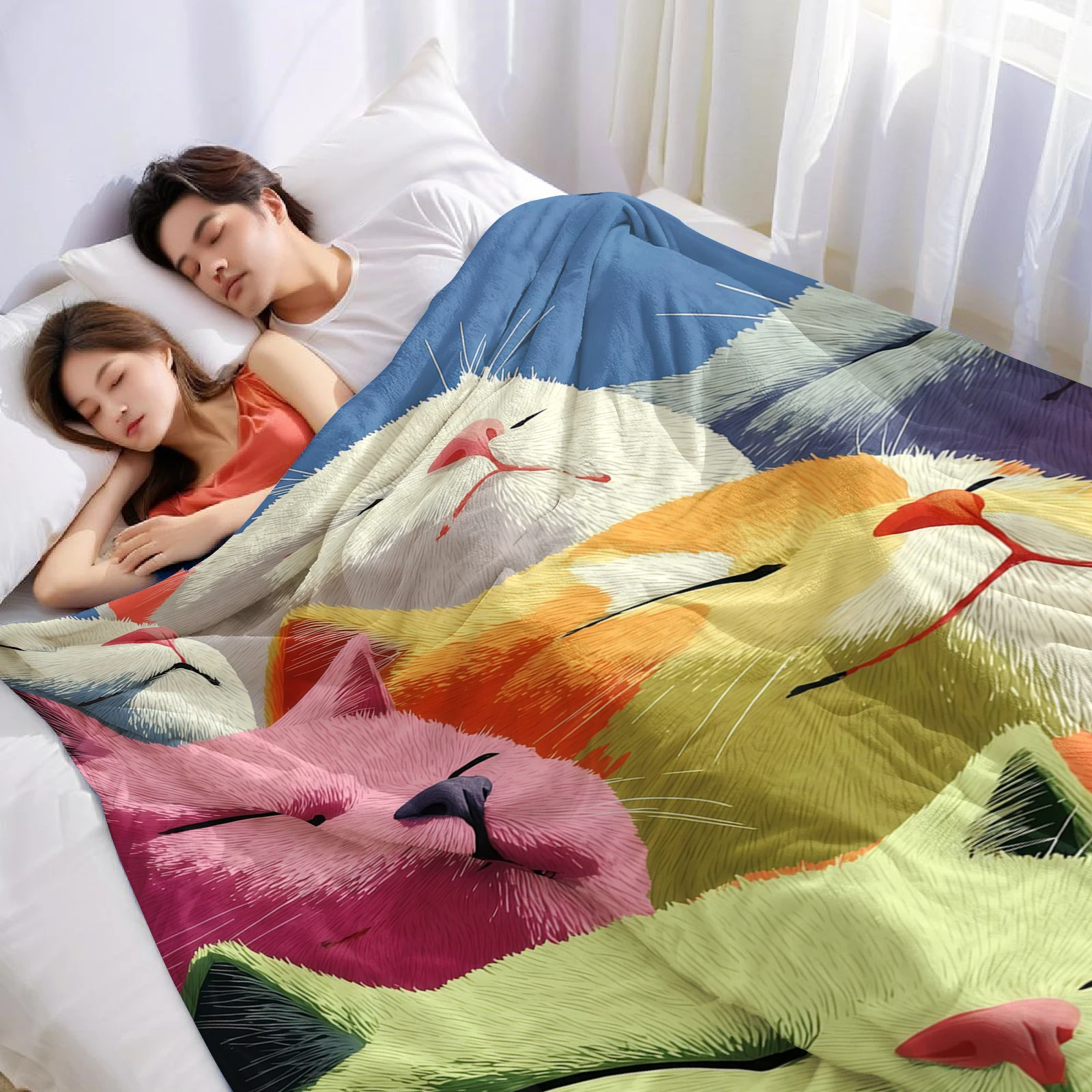 カラフルな猫のアニメプリントフランネルブランケット、柔らかく - Christmas Throw Blanket のレビューと価格