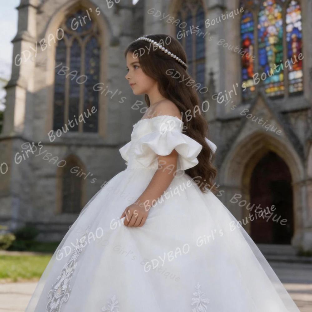 Wine Flower Girl Dresses for Wedding Kids Drop Shoulder 3D Flowers Tiered Tulle Princess Pageant Dress with Train Custom