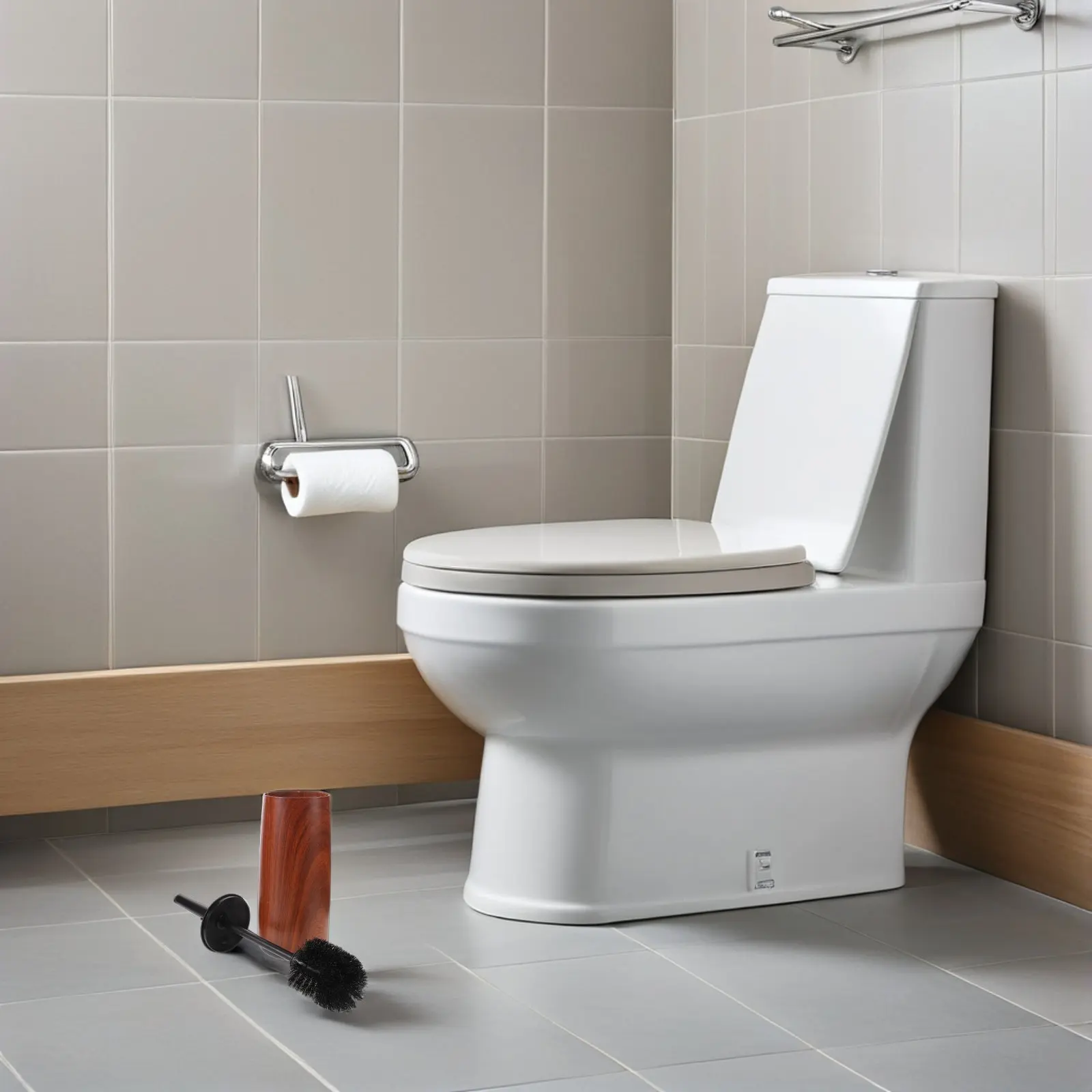 Handled Toilet Brush Long Handle Wood Grain Covered Holder Deep Cleaning Toilet Bowl Scrubber Household Bathroom Cleaning