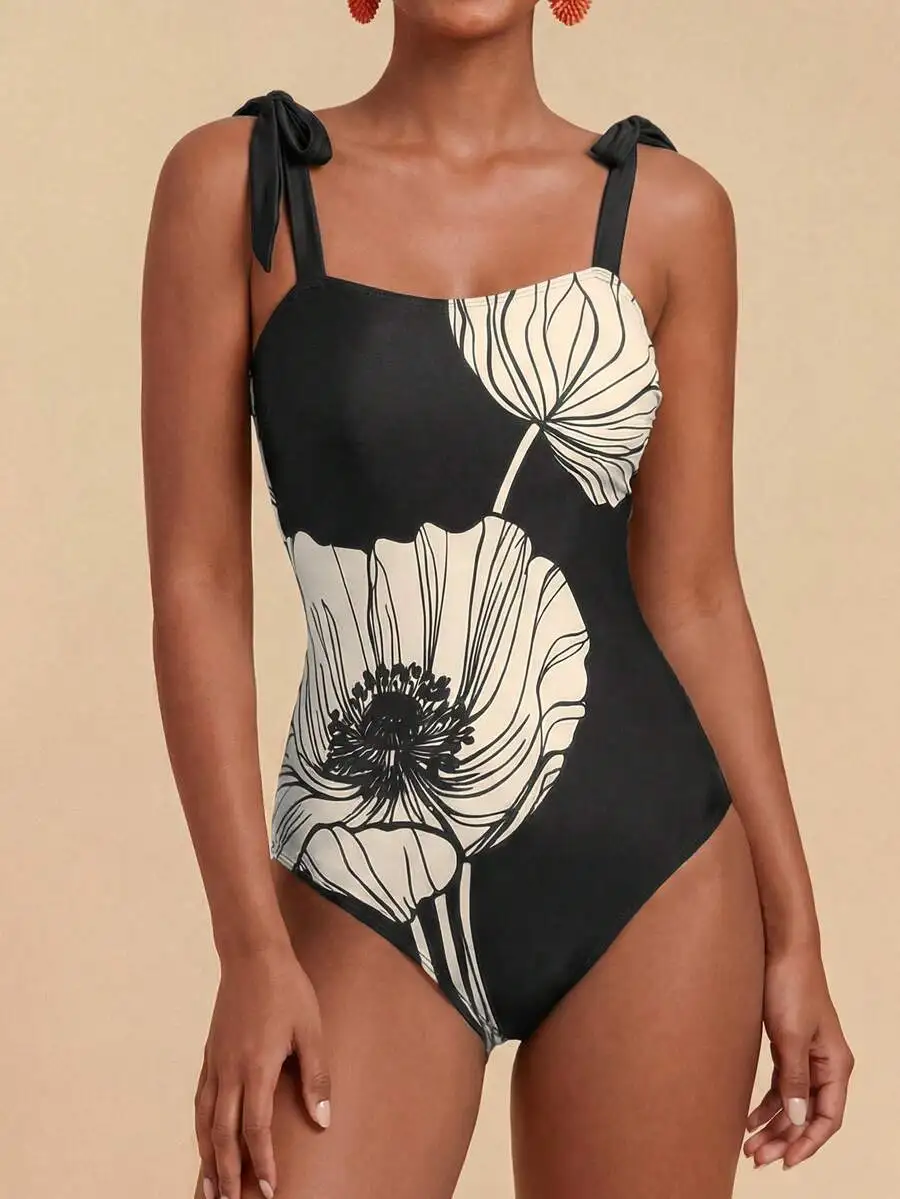 

Womens Floral Print Tie Strap One Piece Swimsuit For Beach Summer Vacation