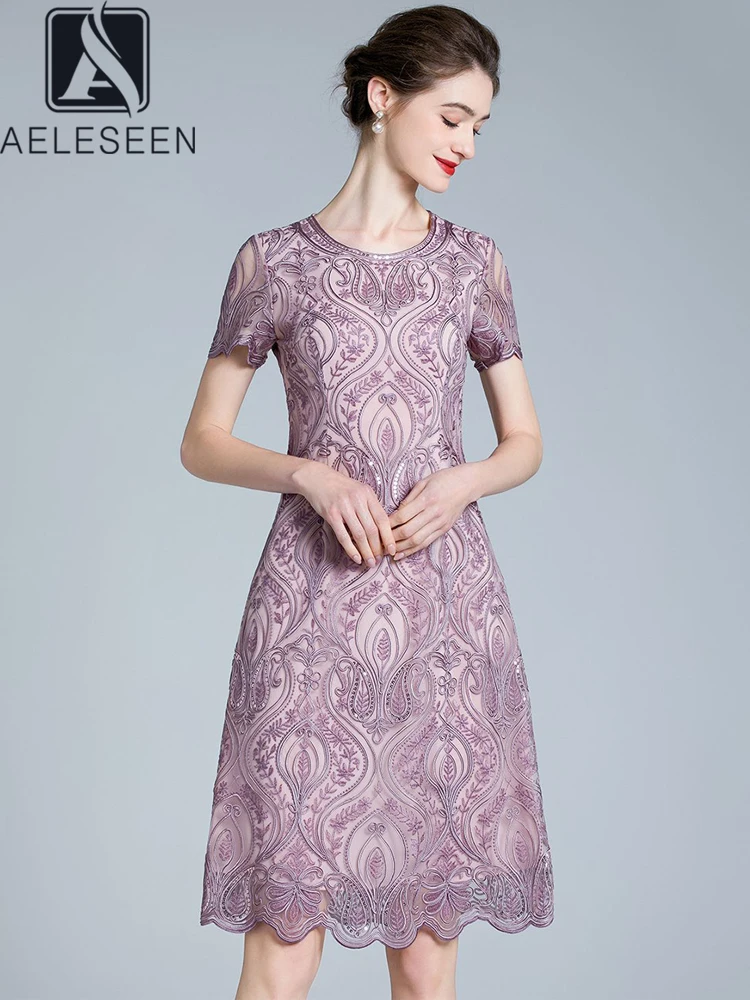 AELESEEN Designer Fashion Summer Dress Women Short Sleeve Luxury Flower Embroidery Sequined Elegant Knee-length Party Holiday