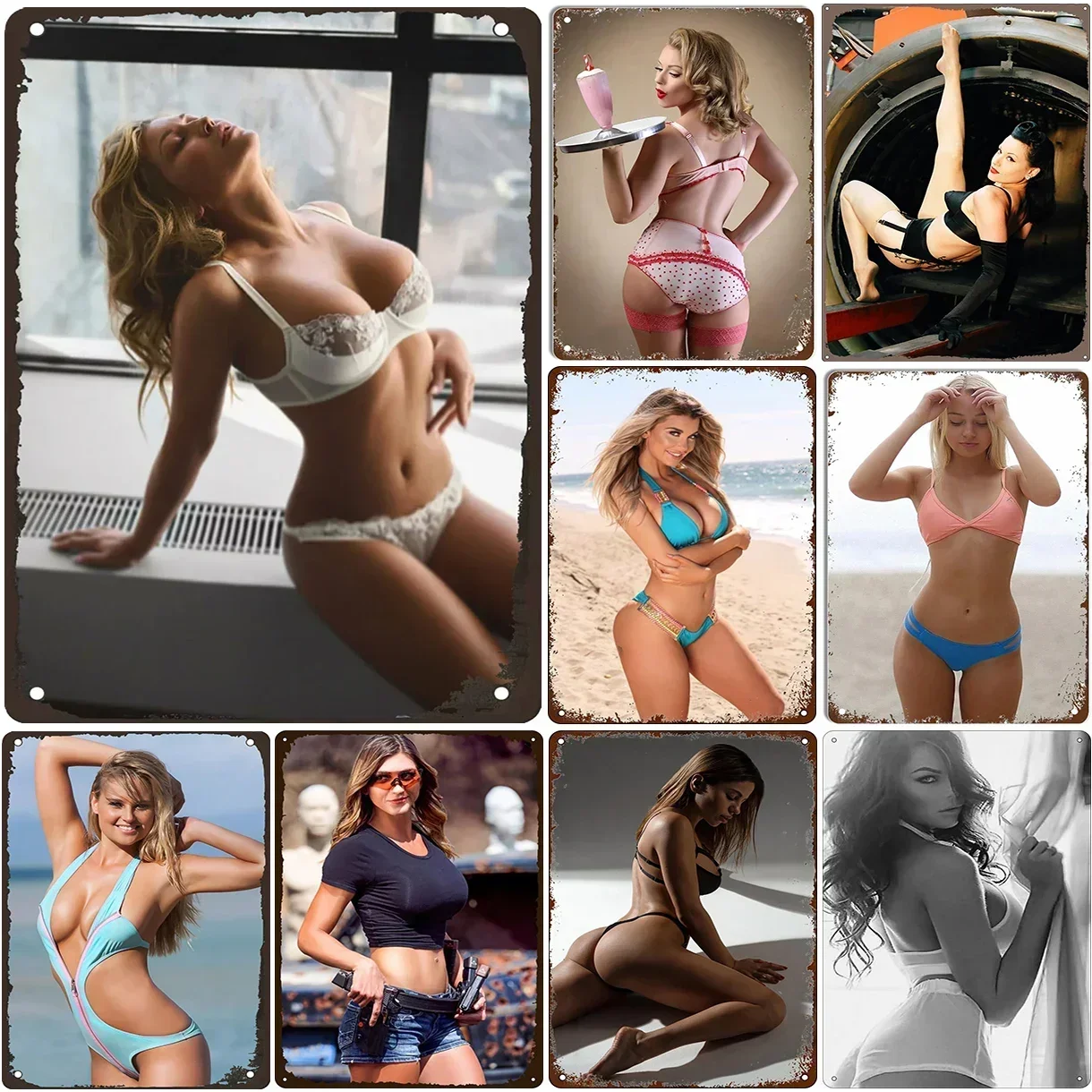 Vintage Pinup Girls Metal Tin Signs Bikini Women Wall Posters Plaque Iron Painting Decoration for Garage Game Room Cafe Club