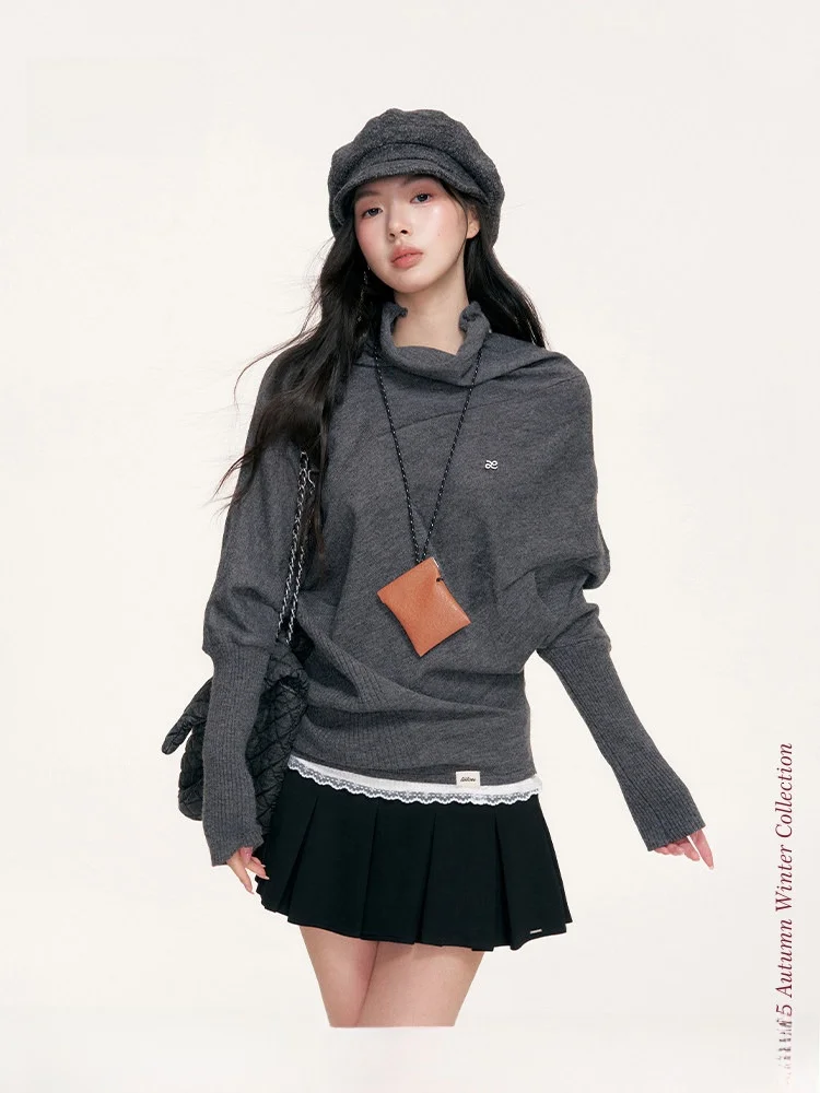 

Вязаный свитер Liilou с капюшоном и рукавами «летучая мышь», деконструированный дизайн, высокий воротник, накидка, женская модная осенняя одежда