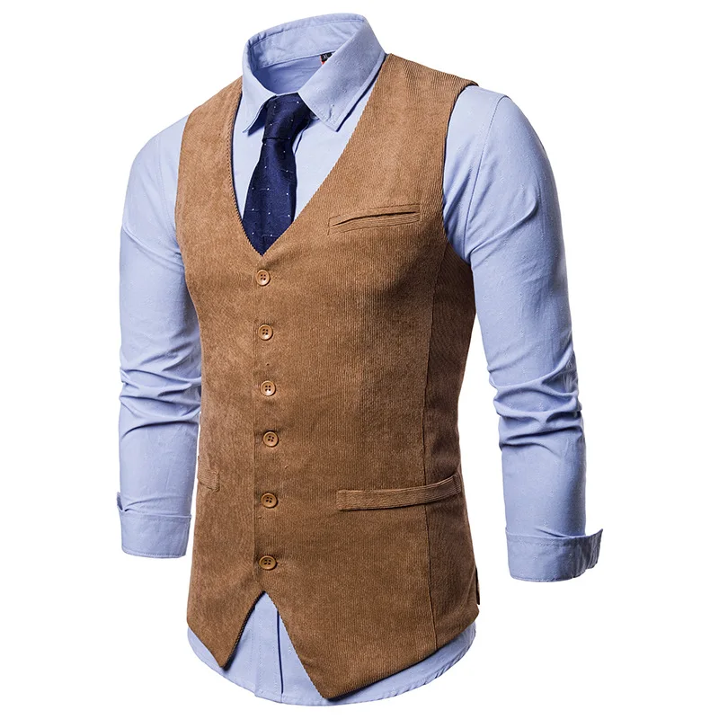 New Men's Vest Wedding Slim Suit Vest Jacket Corduroy Sleeveless Top Formal Designer Dress Luxury Clothes Workwear