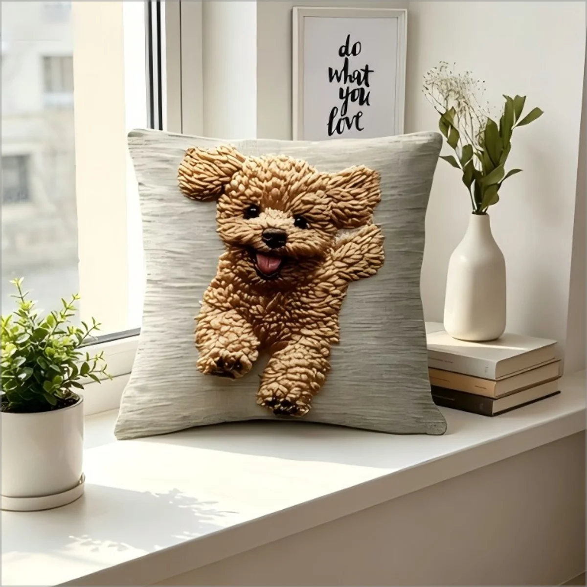 Niedlicher Flauschiger Pudel-Kissenbezug mit 2D-Kunststickerei, Entzückender Welpen-Hundekissenbezug für Sofa, Bett, Couch, Gemütliches Haustierliebhaber-Heim