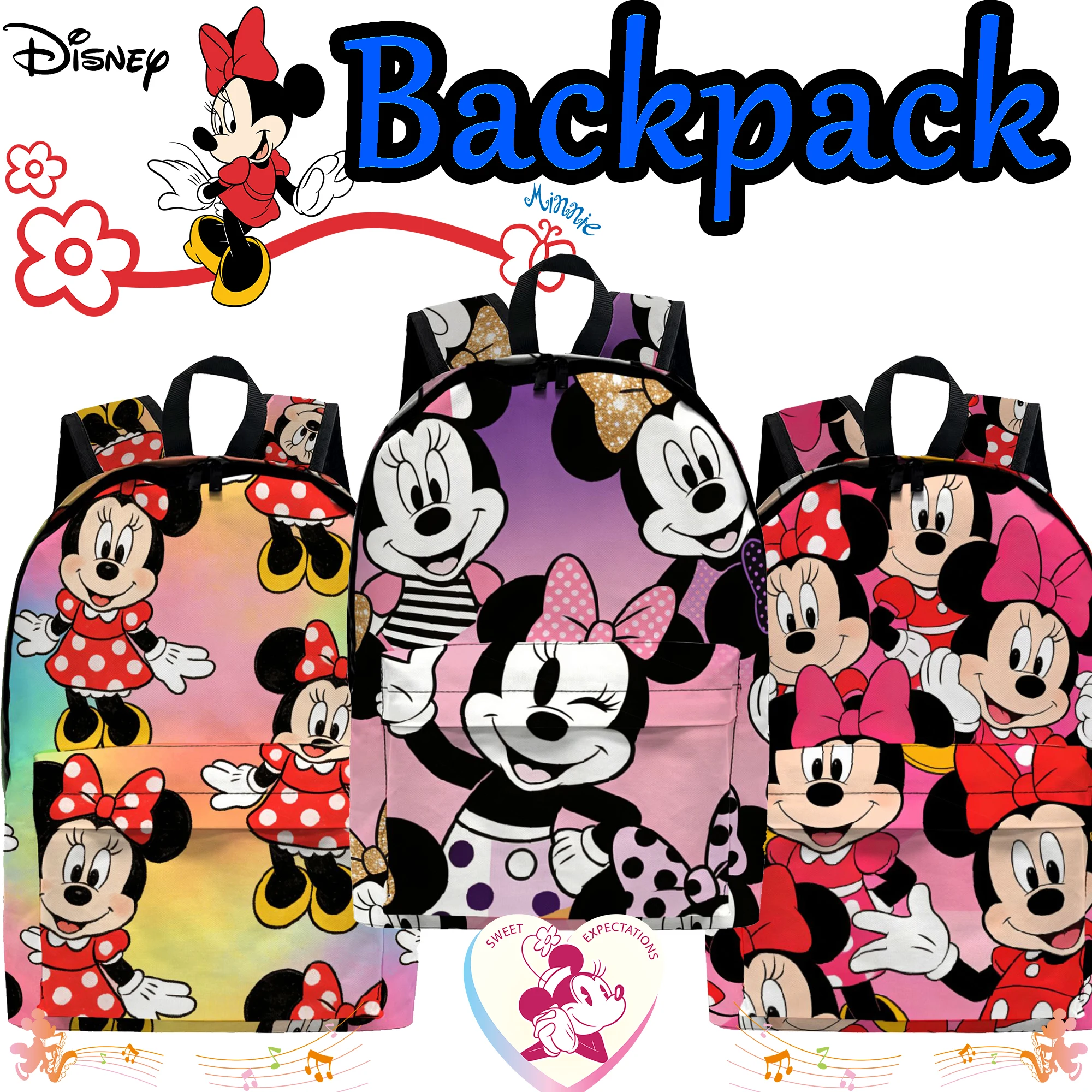 1pc Disney Minnie Mouse Backpack, Fashionable and Simple, Unisex, Large Capacity, High-Quality Gift,cute