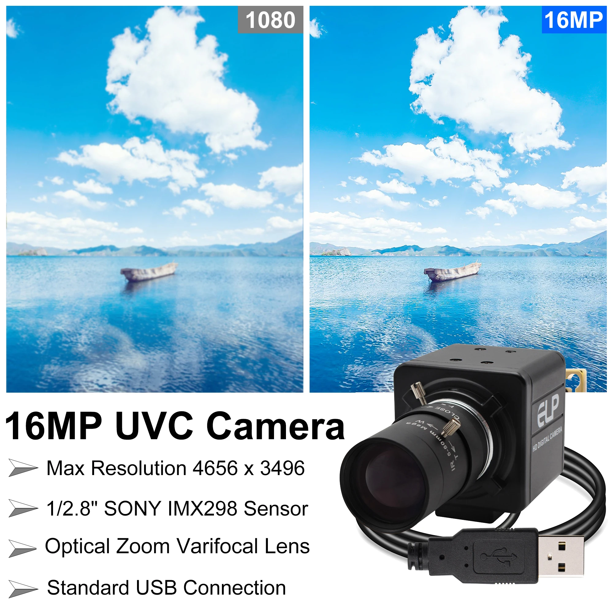 Kamera internetowa ELP 16MP High Definition z obiektywem zmiennoogniskowym CS, ręcznym zoomem, przetwornikiem IMX298, kolorowa kamera HD USB2.0 do komputera, kamera przemysłowa do druku 3D