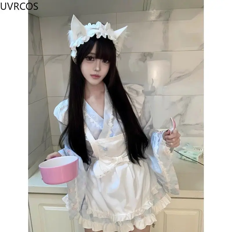 Japanese Cute Lolita Op Dress Women Sweet Cartoon Bear Dog Print Ruffle Bow Apron Maid Party Dress Fashion Kawaii Princess Dress