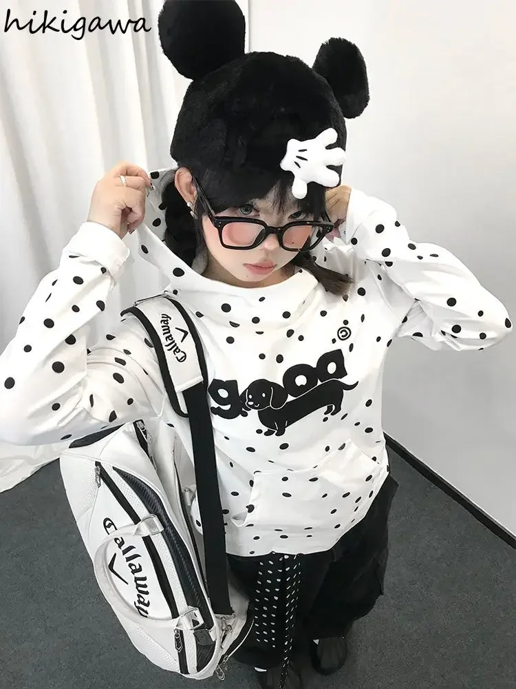 Polka Dot Dog Print Hoodies for Women Long Sleeve Hooded Y2k Tops 2024 Ropa Mujer Fashion Casual Sweatshirts Oversized Hoodie