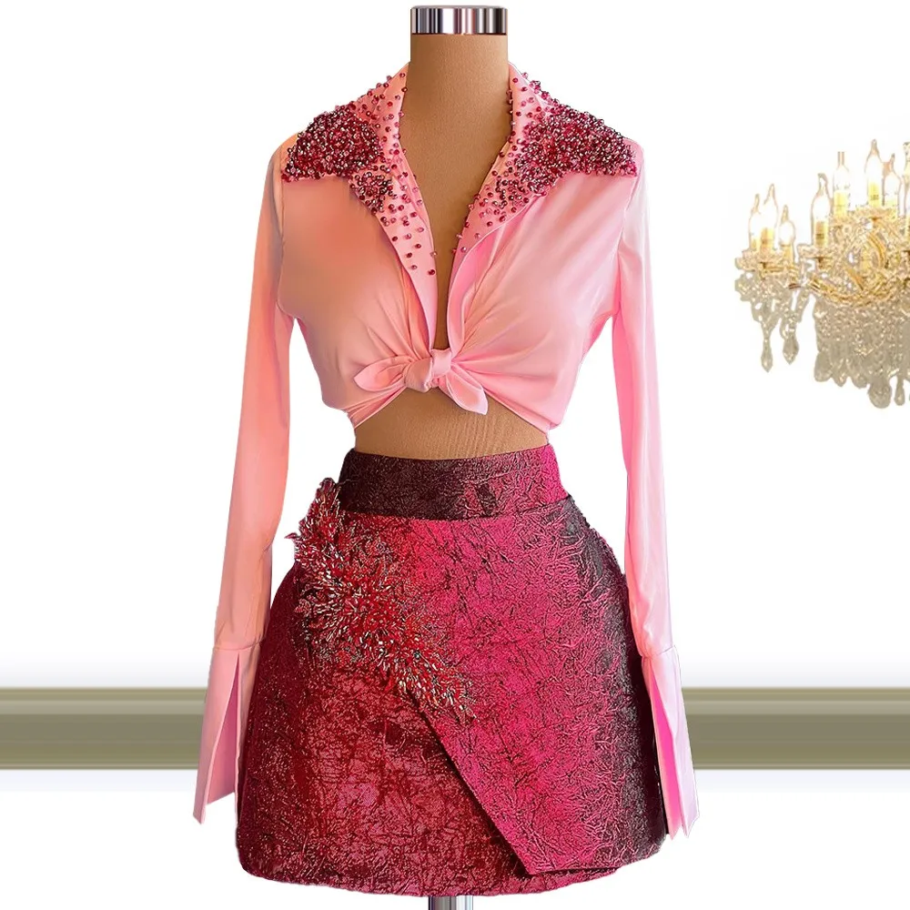 

Two Pieces Cocktail Dresses Sheath Long Sleeves Short Mini Pearls Pink Party Homecoming Dresses Black Girl