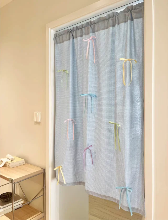 Window Curtains Nordic Style Blue Bow Door Curtain For Home Decor Doorway Stripe Decorative Accessories