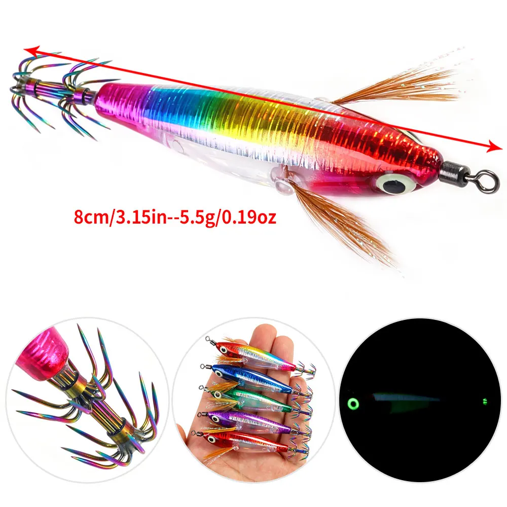 Galvanisierter Tintenfisch-Jig-Angelköder, horizontaler Oktopus-Seepen-Holzgarnelen-Hardbait, künstlicher Wobbler mit 3D-Leucht-Augen – Detail 13