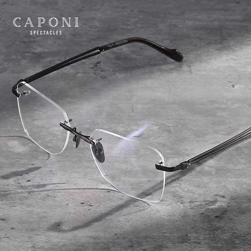 

CAPONI Rimless Men's Eye Glasses Memory Titanium Simple Anti Blue Light Optical Glasses Frame Brand Designer Spectacles JF23502