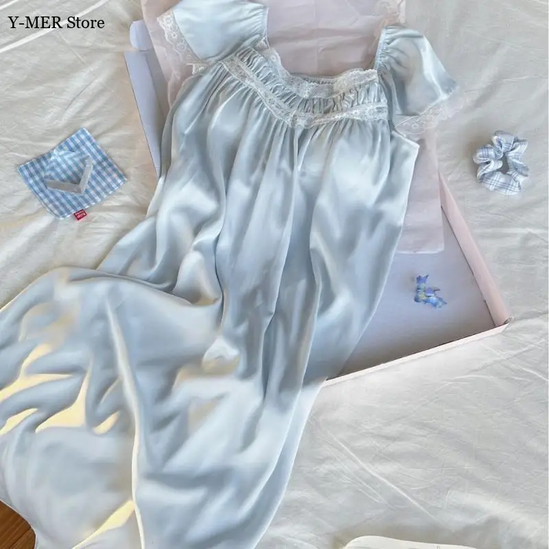 

Cute Princess Style Nightdress Women's Sweet Lace Trim Sleepwear Long Home Dressing Gown Ice Silk Loungewear Pajamas Nightgown