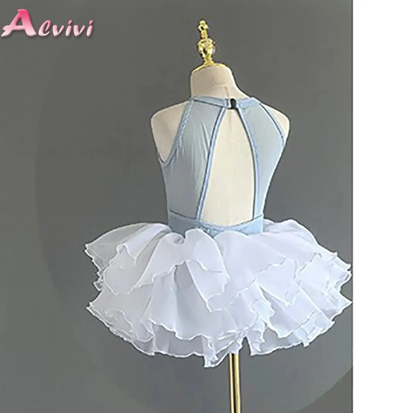 Kids Girls Two-piece Ballet Dance Outfit Keyhole Front Cutout Back Press Button Crotch Leotard with Layered Organza Skirt Set