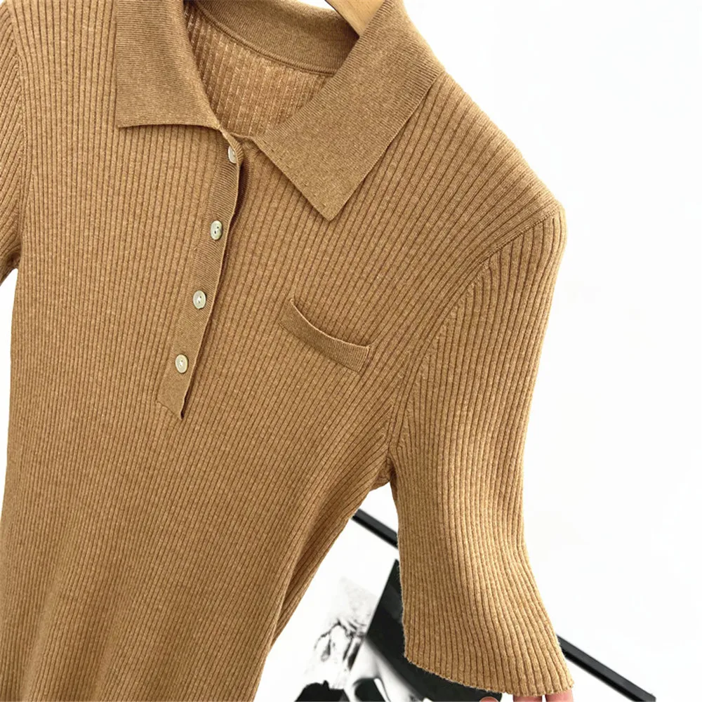 Damen-Sommerpullover mit POLO-Kragen, Taschendekoration, schmale Passform, elastischer Baumwoll-Seidenstrick, kurze Ärmel