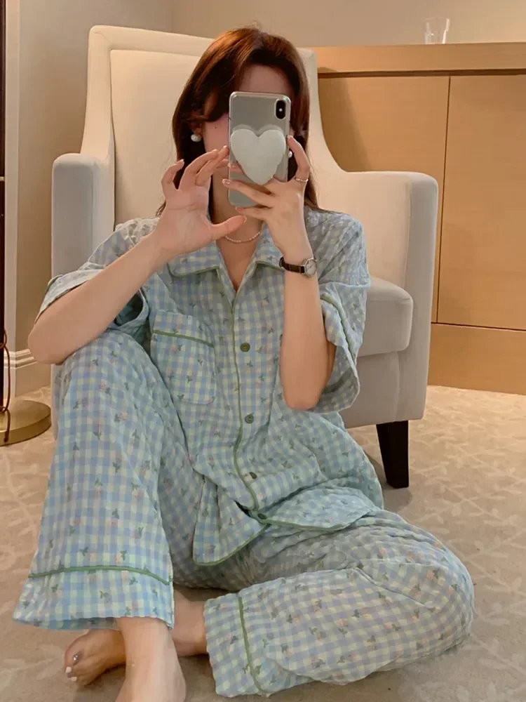 

Two Stripe Plaid Cute Piece Pajama Ins Style Women Set Short Cartoon Print Soft Girlish Simple Home Sleepwear Sleeved Summer