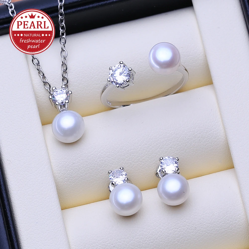 FENASY 925 Sterling Silver Jewelry Sets Freshwater Pearl Necklaces For Women Stud Earrings Crown Pendant Ring Classic Gifts