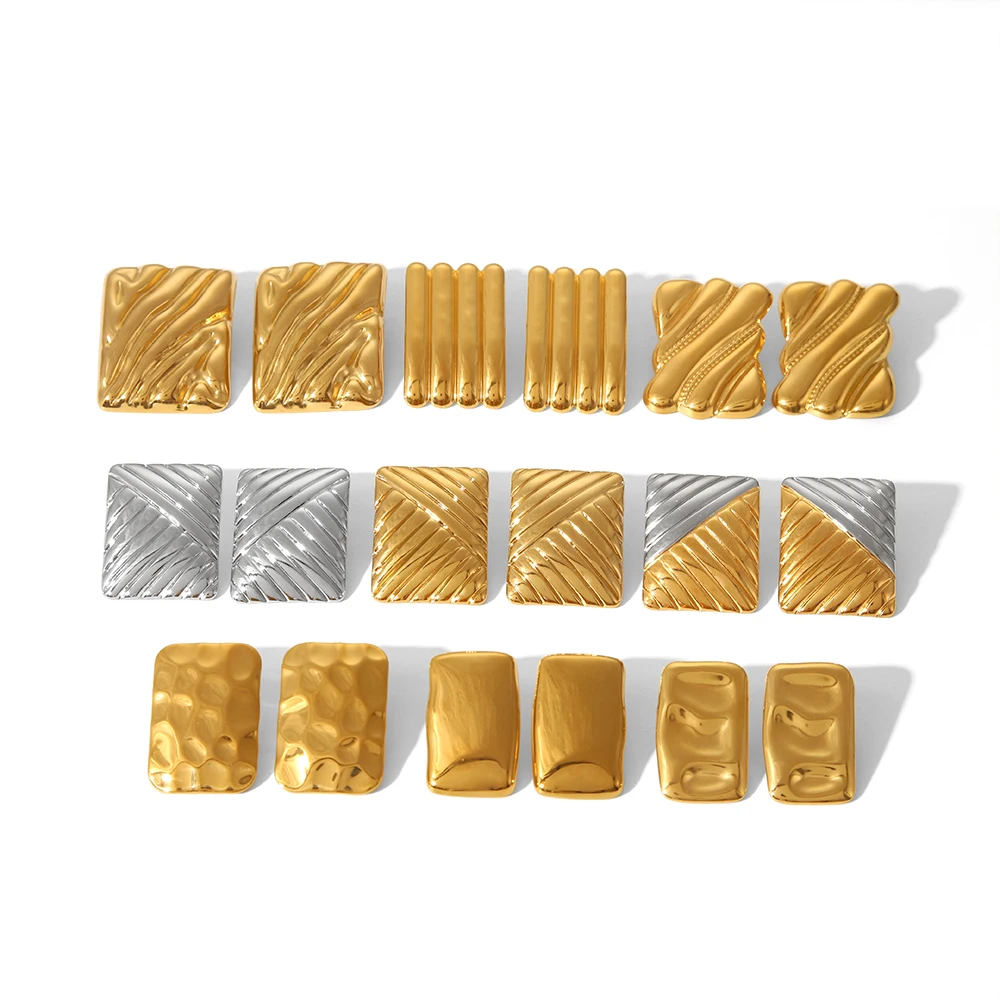 Vintage Waterproof Gold Silver Color Square Textured Stainless Steel Stud Earrings Metal Fashion Trendy Jewelry Bijoux for Women