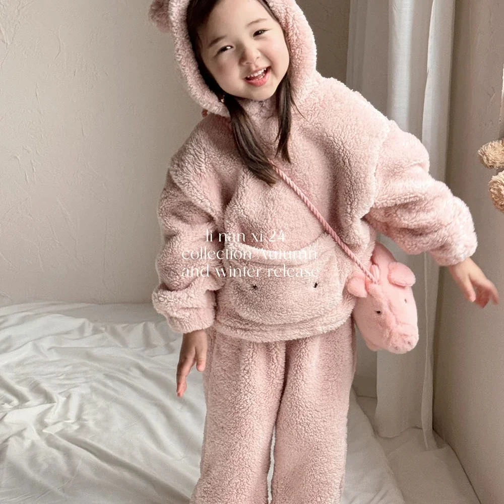 

Girls Suit 2025 Autumn and Winter New Children's Clothing Korean Style Girl Baby Fashion Plushy Pig Cartoon Pajamas Two Sets