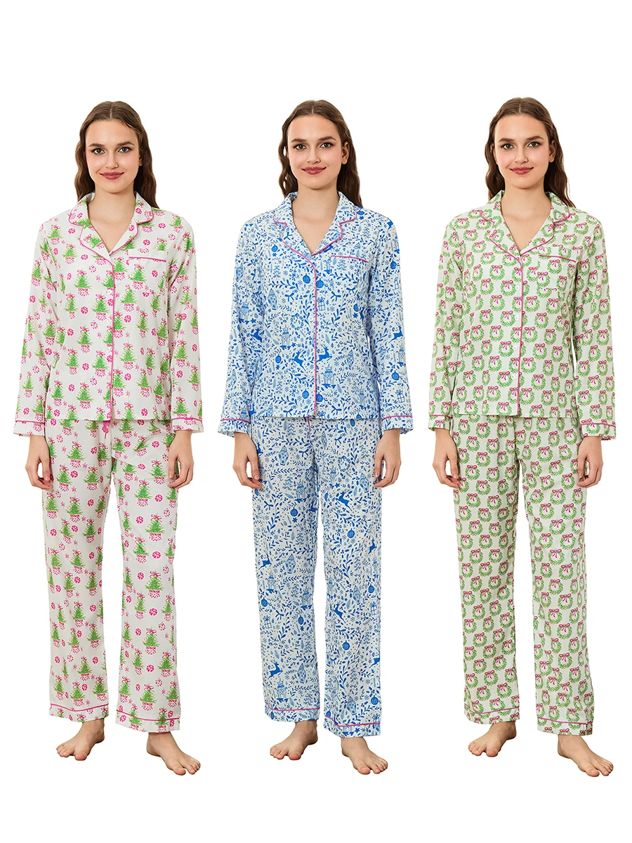 Set piyama natal wanita mode baru, kemeja lengan panjang motif rusa/pohon/karangan bunga dengan celana pakaian tidur