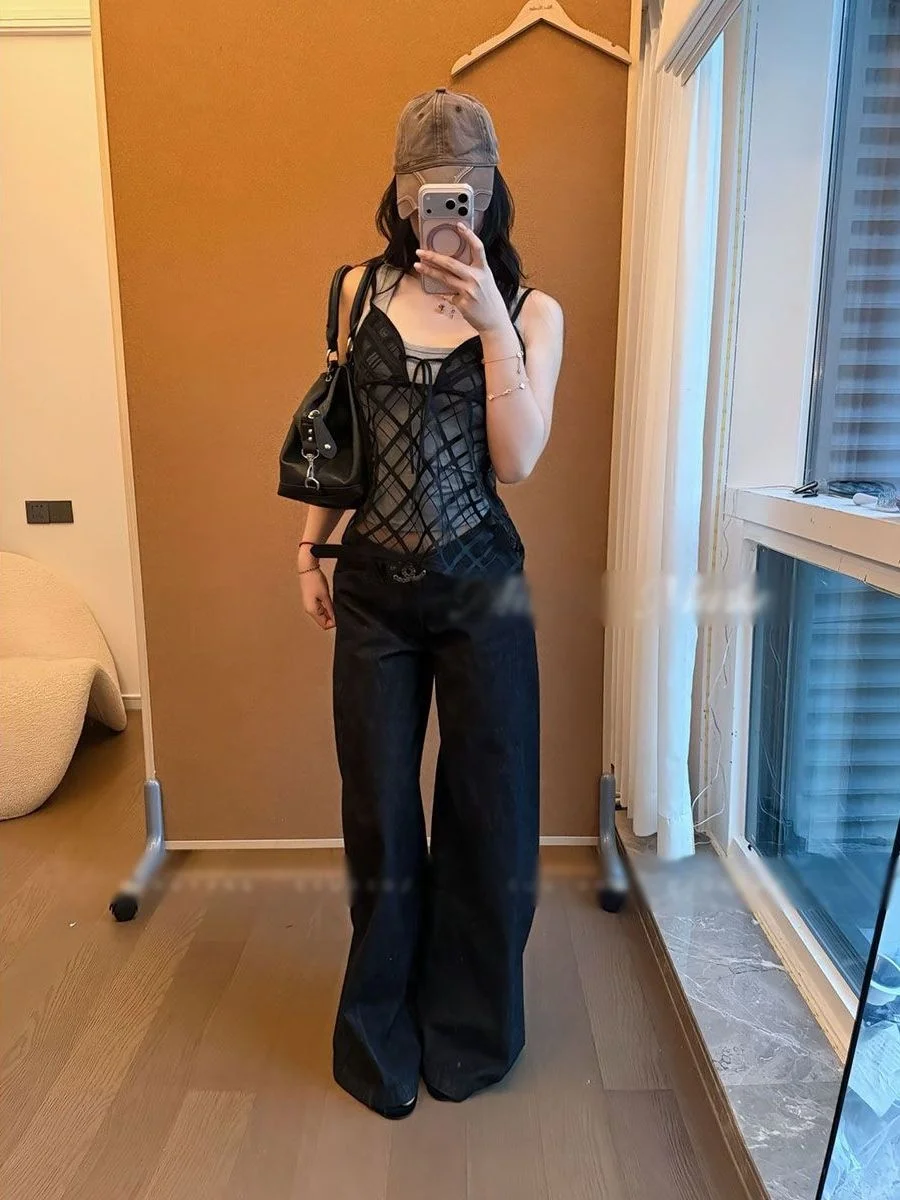 Pure Desire Hollow out Mesh Strap Women's Single Piece V-neck Front Tie Transparent Cover up Black  Vest Casual Style