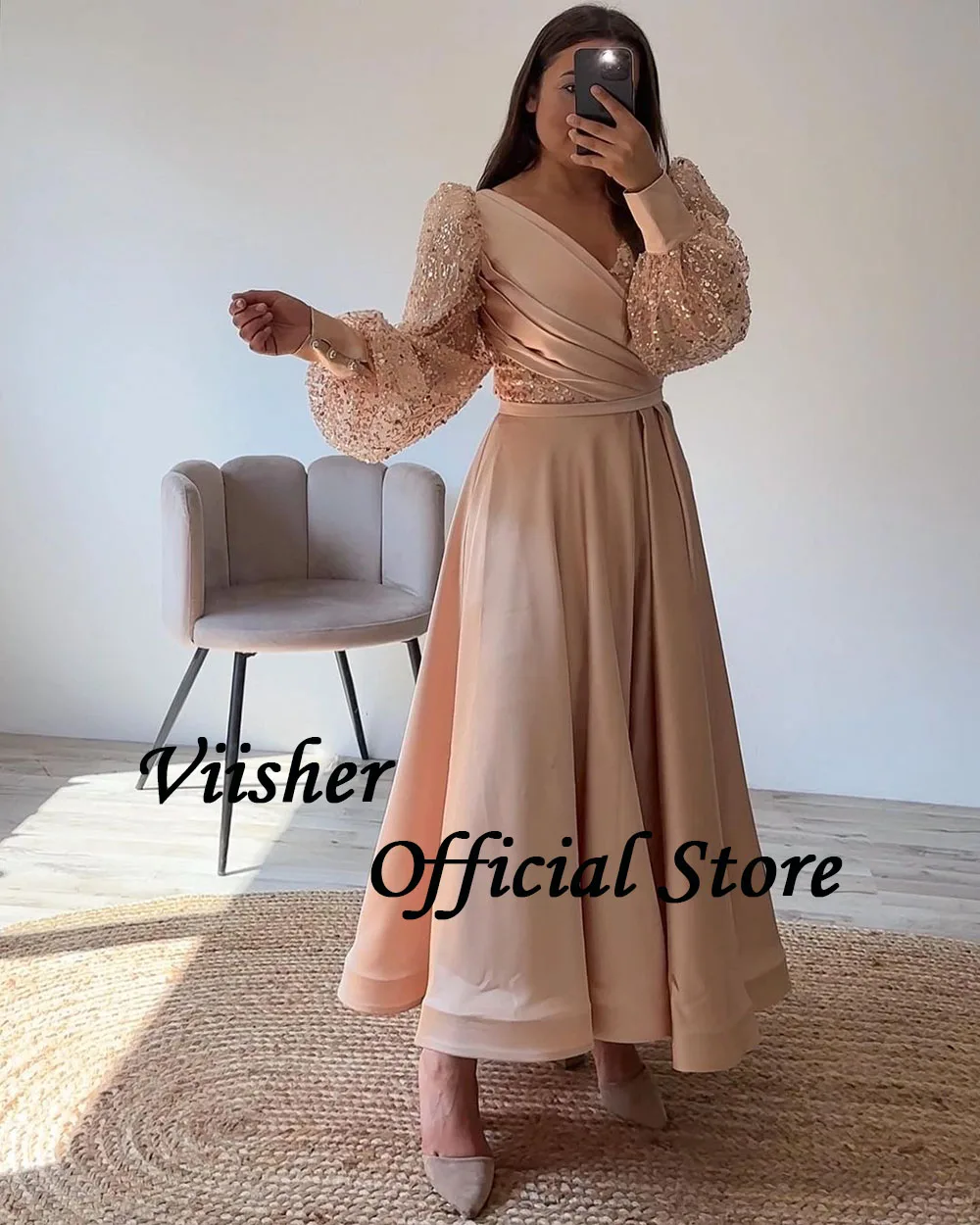 Visher saudi arabische Abendkleider Pailletten Langarm falten Satin V-Ausschnitt Foraml Kleid knöchel langes Dubai Ballkleid