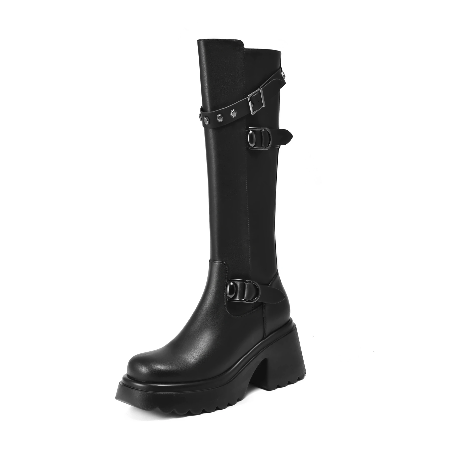 Cow Skin Rivets Zipper Belt Buckle High Heels Riding Boots Warm Autumn Winter Shoes Brand Platform Retro Women Thigh High Boots