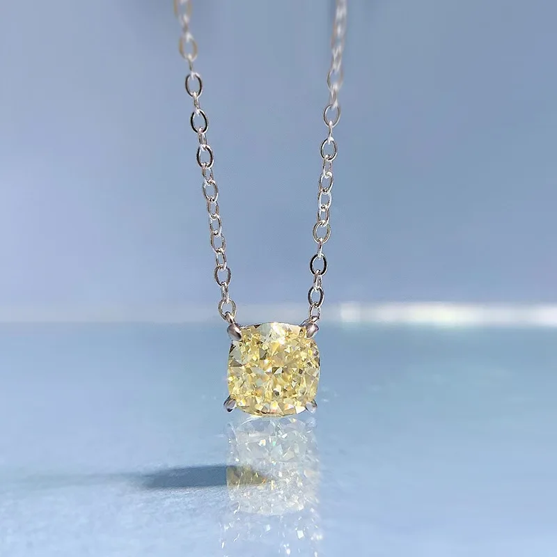 European and American minimalist 2ct pillow shaped 7 * 7 ice cut high carbon diamond pendant sterling silver necklace 40+5cm