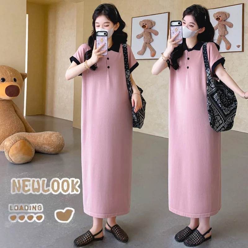 Maternity Dress Summer Short Sleeve Polo Collar Maxi Dress For Pregnant Women Minimalist Basic Versatile 2026
