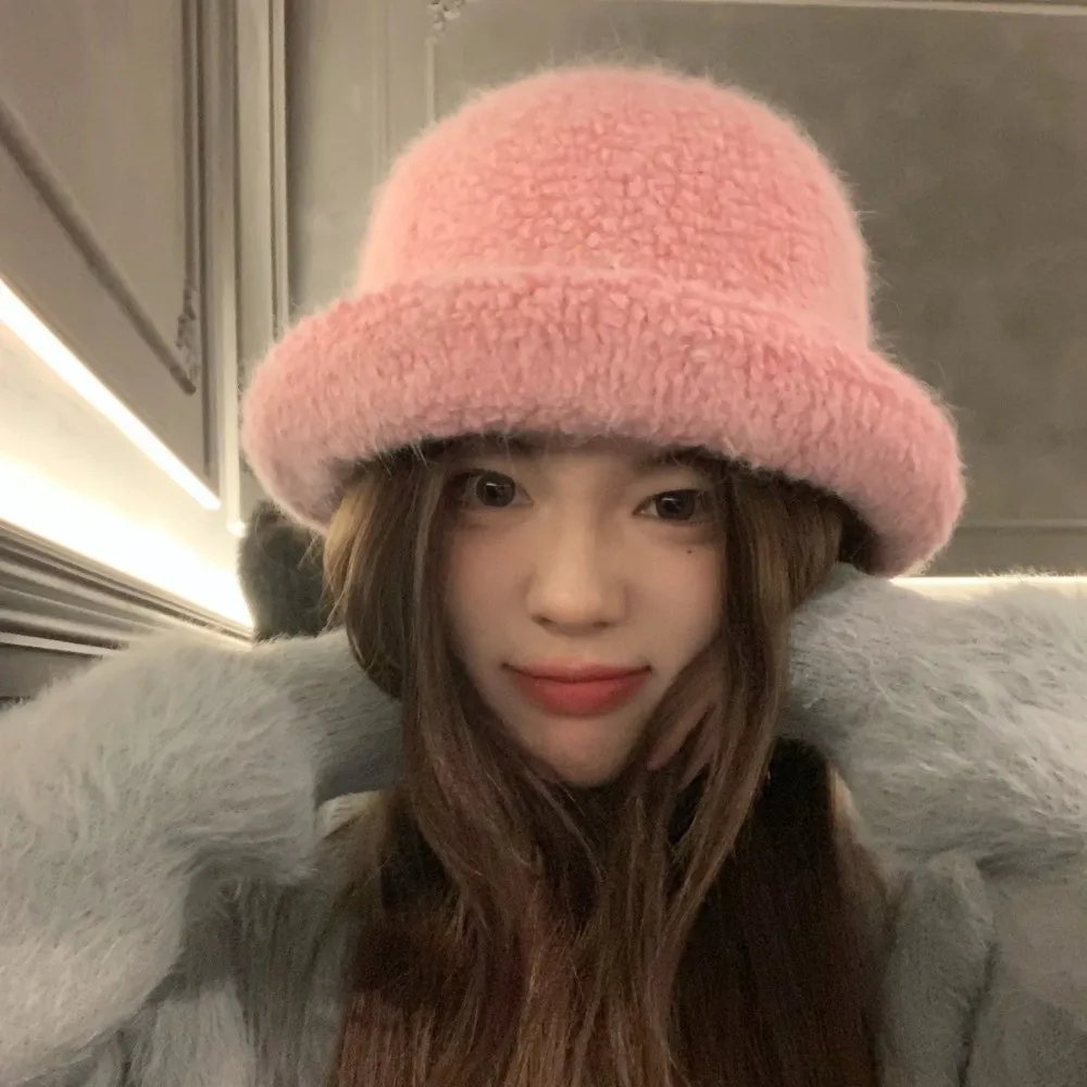 Rabbit Fur Blend Warm Winter Bucket Hat Polyester 54cm To 59cm Fuzzy Fisherman Hat Face Slimming Head Circumference