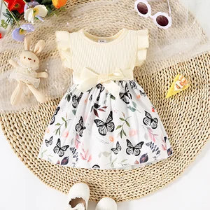 Vestido de cinto de manga com babados e estampa de bolinhas de borboleta e planta para bebê menina + fita 8 principais vendas vestido 1 ano bebe borboleta - №5
