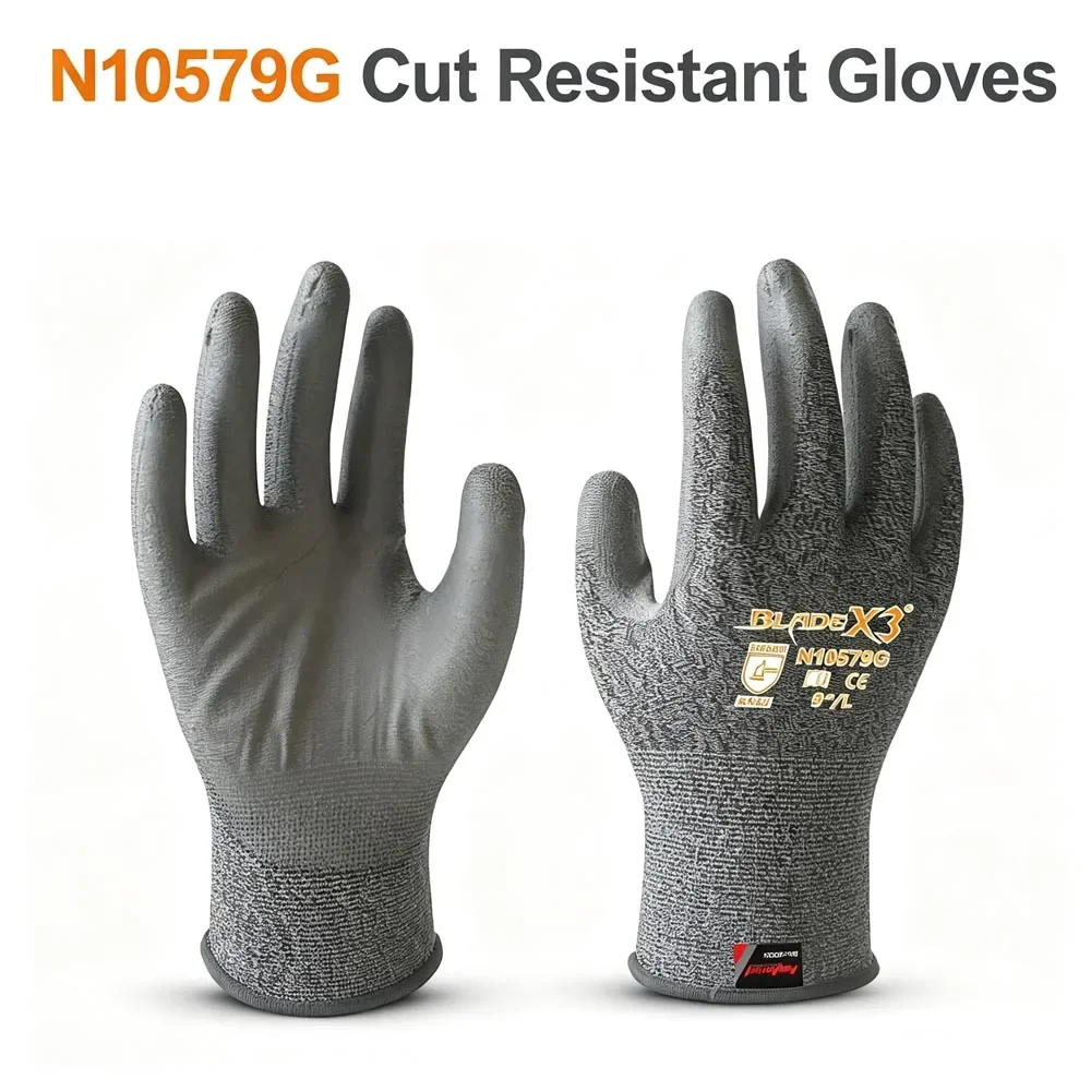 N10579G PU Coated Cut Resistant Safety Gloves Level 3 18 Gauge Anti‑Slip Work Gloves for Wet Oily Environment