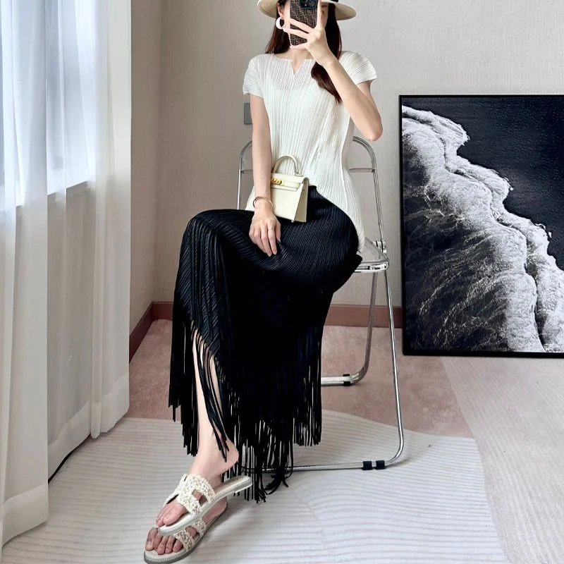 Women's Skirt Miyake Pleated Two-layer Tassel Skirt Female Drape Pleated Skirt Female High Waist High Elastic Pleated hip Skirt