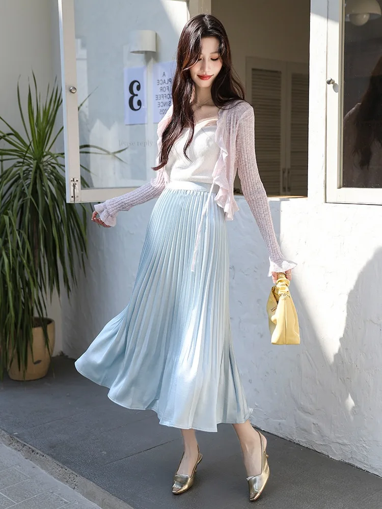 

Korean Fashion Pink Pleated Skirt Women 2025 Spring New Light Ripe Wind High Waist Fishtail Medium Long Skirt