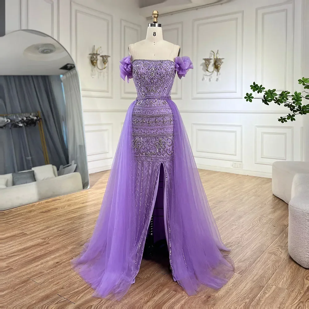 SERENE HILL Customized Arabic Luxury Purple Beaded Mermaid Overskirt Evening Dress 2025 Off Shoulder  Women Party Gown CLA72603