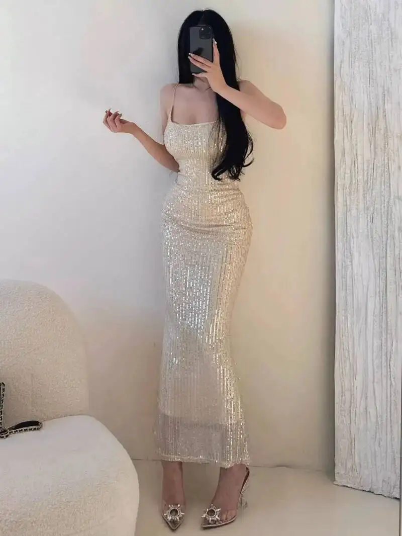 

Banquet Style High-end Sequin Flowing Silver Suspender Dress, Women's Light Luxury Slim Dress Elegant Sweet Women Tops S8GS