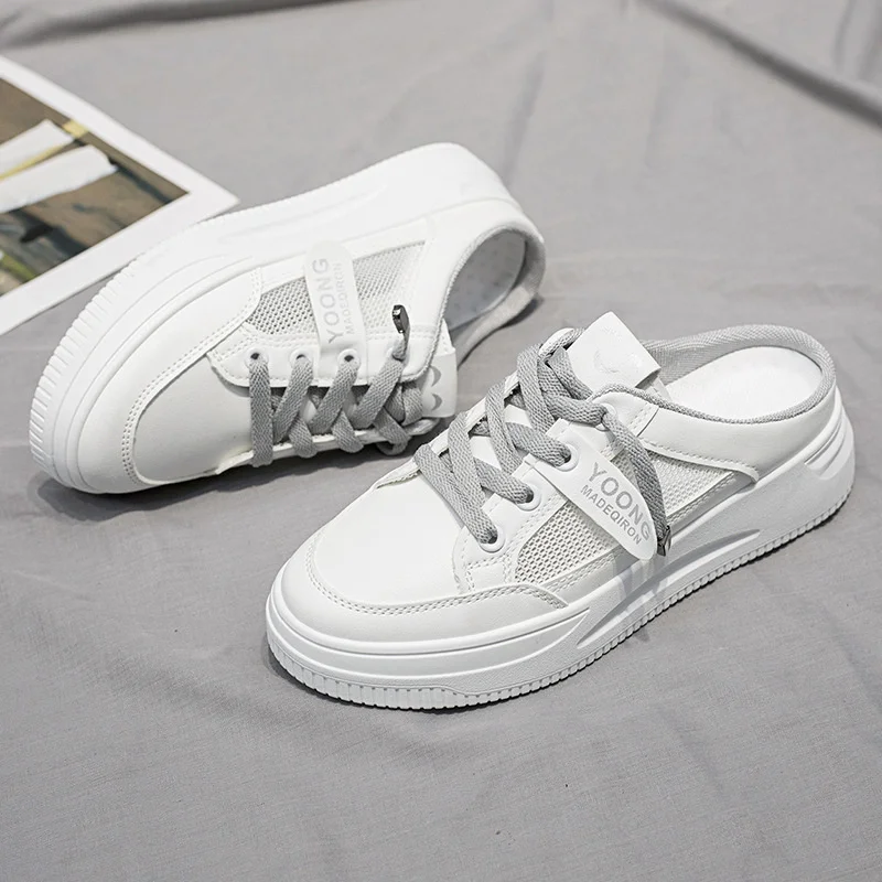 2023 Women Shoes Canvas Tenis Casual Half Slippers Flats Female White Mules Backless Sneakers Mesh Breathable Fashion Loafers