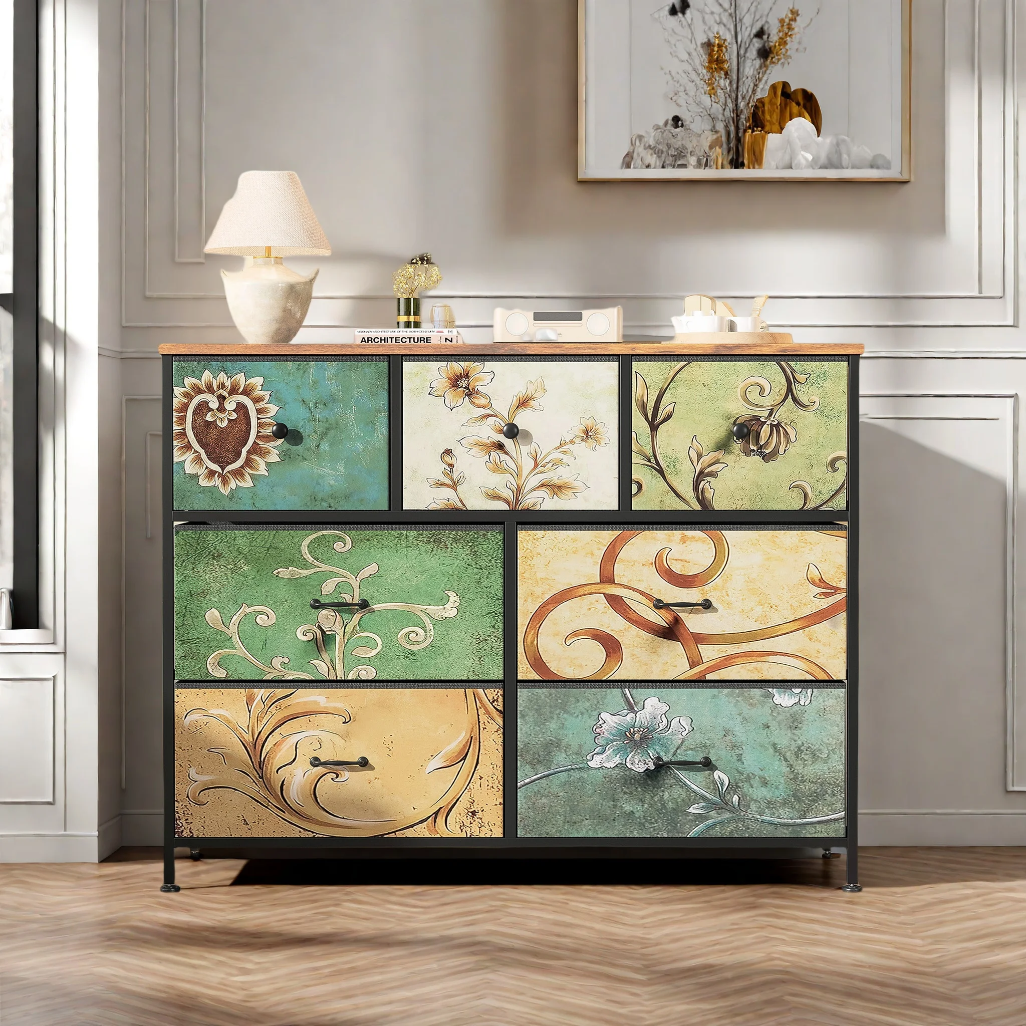 Commode Rosahqnda avec tiroirs Coiffeuse bohème avec panneau en bois, structure métallique, commode en tissu